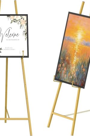 46" H Metal Square Tube Scroll Display Easel, Vintage Gold Decorative Large Adjustable Floor Standing Easel with Chain Support, Perfect for Showcasing Pictures, Artwork, Picture Frame Wedding Sign Etc