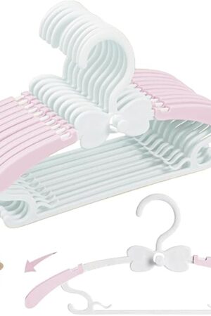 Baby Hangers for Closet 20pcs, Pink Kids Clothes Hanger Plastic, 11-14.5" Adjustable Perchas for Child Dresses, Non-Slip Children Bow Hanger for Girl Toddler Infant Nursery Newborn Clothing