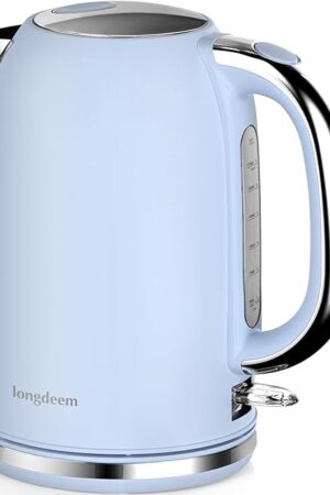 Electric Tea Kettle for Boiling Water, Wide Open Lid Stainless Steel Water Boiler, 1500W/1.7L for Coffee/Tea Brewing, Auto Shut Off & Boil Dry Protection, Cordless Swivel Base & LED Indicator, Blue
