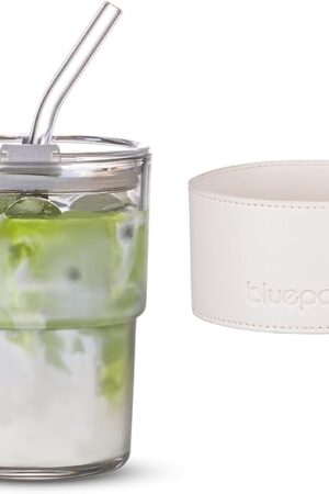 BLUEPOLAR 13 oz Tumbler Water Glass with Straw & Dustproof Lid | Double Wall Insulated | Coffee Ice Cup | White with Protect Sleeve