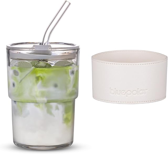BLUEPOLAR 13 oz Tumbler Water Glass with Straw & Dustproof Lid | Double Wall Insulated | Coffee Ice Cup | White with Protect Sleeve