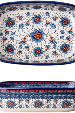 Blue and Orange Flower Vintage Style Ceramic Bakeware Casserole Dish Baking Pan Lasagna Pans with Handles for Oven/Cooking/Kitchen-1 PCS-22 OZ