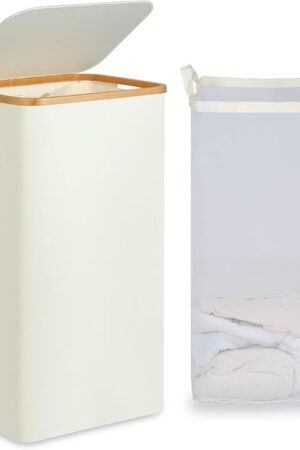 26 Gal Laundry Basket with Lid and Net Bag, Tall Laundry Hamper with Bamboo Handles, Aesthetic Dirty Clothes Bin for Laundry Room, Bathroom, Bedroom and Dorm, Beige