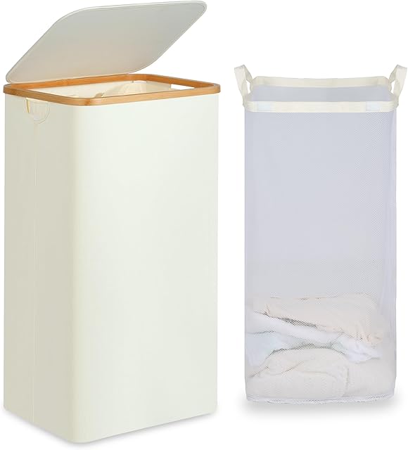 26 Gal Laundry Basket with Lid and Net Bag, Tall Laundry Hamper with Bamboo Handles, Aesthetic Dirty Clothes Bin for Laundry Room, Bathroom, Bedroom and Dorm, Beige