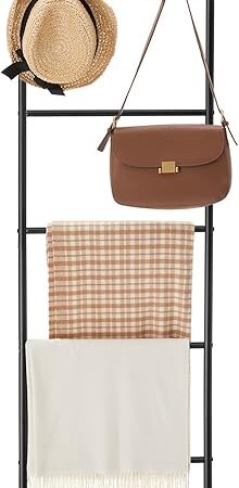 VASAGLE Blanket Ladder, 5-Tier Ladder Shelf, Decorative Ladder with 4 Removable Hooks, Metal Frame, Industrial Style, Rustic Brown and Black ULLS016B01
