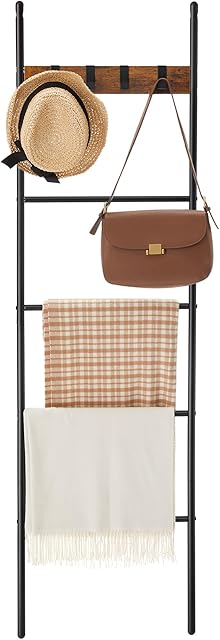 VASAGLE Blanket Ladder, 5-Tier Ladder Shelf, Decorative Ladder with 4 Removable Hooks, Metal Frame, Industrial Style, Rustic Brown and Black ULLS016B01