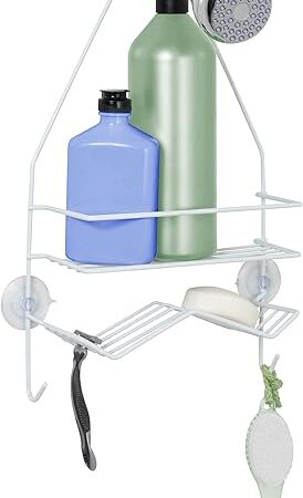 Zenna Home Rust Resistant Hanging Shower Caddy, Over the Shower Head Caddy with 1 Wide Shelf and Built In Soap Dish, Steel Bathroom Hanging Organizer, White