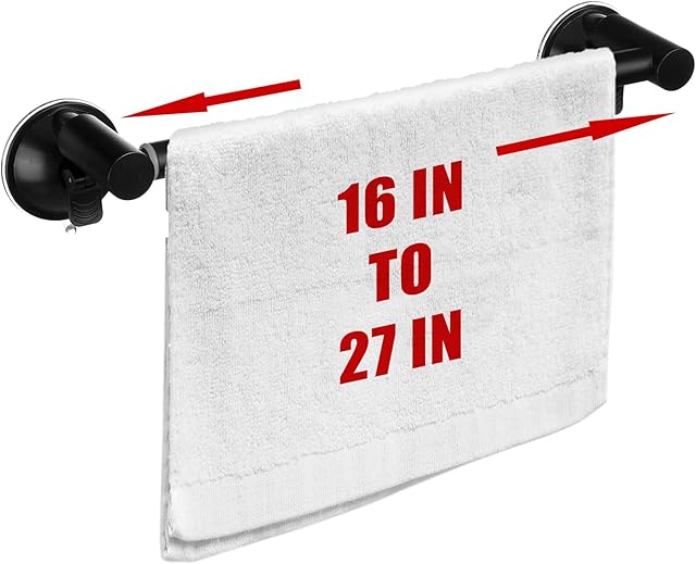 Adjustable 16-27" Suction Cup Towel Bar Extendable Suction Cup Towel Rack Holder Bathroom Stainless Steel for Glass Shower Door(Black)