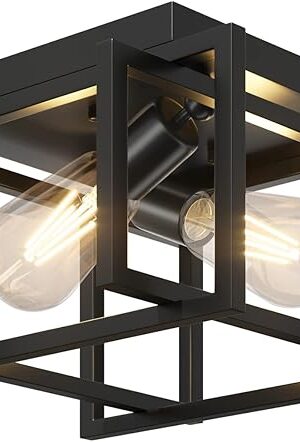 2-Light Flush Mount Ceiling Light Fixture, Industrial Black Metal Ceiling Light, Modern Rectangle Close to Ceiling Light for Hallway, Kitchen, Entryway