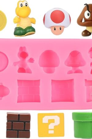 9 Hole Yoshi Icon Square Brick Dragon Mushroom Gold Coin Silicone Molds Cartoon Fondant Molds for Cake Decorating Cupcake Topper Candy Chocolate Gum Paste Polymer Clay