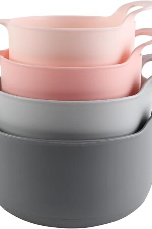 COOK WITH COLOR Nesting Plastic Mixing Bowl Set with Pour Spouts and Handles, Pink, 4 Piece Non-Slip