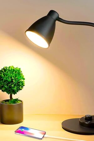 BOHON LED Desk Lamp with USB Charging Port 3 Color Modes Dimmable Reading Light Intelligent Induction Auto Dimming Task Lamp Flexible Gooseneck Table Lamp for Bedside Office, AC Adapter Include