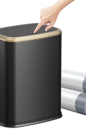 2.1 Gallon Bathroom Trash Can with Lid Press Top, 8 Liter Stainless Steel Garbage Can with Press Type Lid, Slim Trash Bin Waste Basket for Toilet, Office, Bedroom, Living Room (Black)