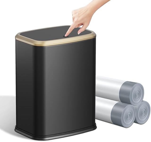 2.1 Gallon Bathroom Trash Can with Lid Press Top, 8 Liter Stainless Steel Garbage Can with Press Type Lid, Slim Trash Bin Waste Basket for Toilet, Office, Bedroom, Living Room (Black)