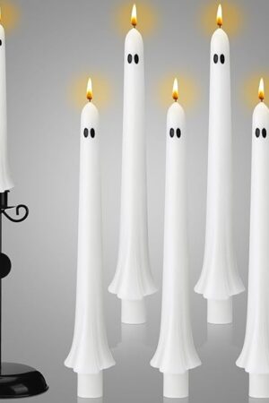 6 Pcs Halloween Ghost Taper Candles Bulk Cute White Spooky Candles Decorations Halloween Ghost Shaped Decor for Party Favor Home Table Centerpieces Fireplace Festival Kitchen