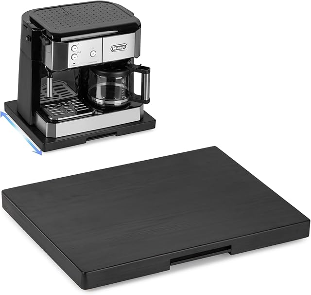Appliance Slider, Wooden Sliding Tray for Coffee Maker, Coffee Pot Slider for Counter, Kitchen Caddy Rolling Tray (Classic Black- Wide)