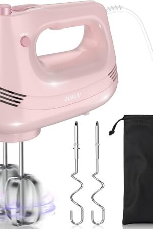 Electric Hand Mixer with Stainless Steel Whisk, Dough Hook Attachment and Storage Bag, Handheld Mixer for Baking Cakes, Eggs, Cream Food Mixers. Turbo Boost /5 Speed Kitchen Blender PINK