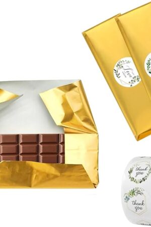 100 Pack Chocolate Bar Wrappers with Thick Paper Backing,Come with 100 Stickers,6" X 7.5", Gold Foil Candy Wrappers, Homemade Individual Wrapping Sheets,Durable,Wrinkle-Free (Gold-with Stickers)