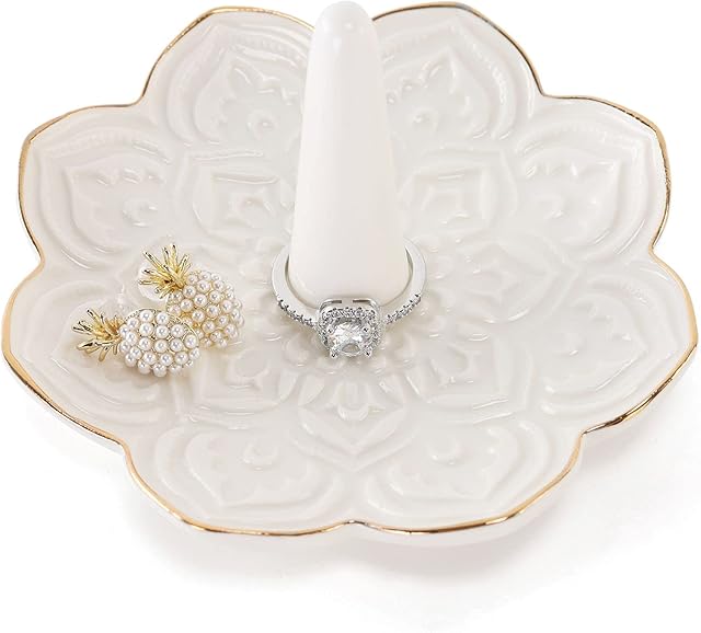 Ceramic White Mandala Jewelry Holder Decorative Ring Holder/Trinket Tray Valentine Engagement Wedding Birthday Gifts for Women Her