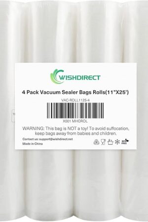 Vacuum Sealer Bags Rolls Compatible with FoodSaver 4-Pack 11" x 25' Vacuum Seal Rolls Fit Inside Machine Double-Side Embossed BPA-Free Bags for Sous Vide or Food Storage (Total 100 Feet)