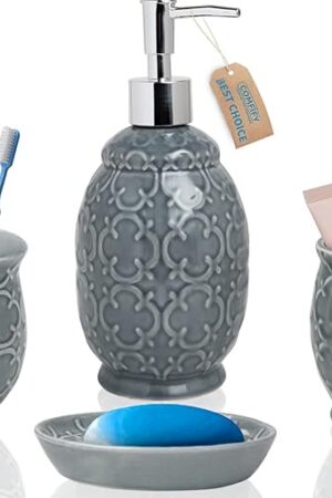 Designer 4-Piece Bathroom Accessory Set – Ceramic Bath Set w/Liquid Soap or Lotion Dispenser, Toothbrush Holder, Tumbler and Soap Dish – Decorative Set w/Embossed Details – Modern Vanity Accessories