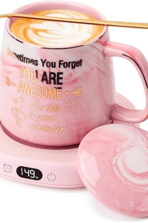 Coffee Mug Warmer & You are Awesome Mug Set, Electric Cup Warmer for Desk Office Home, Beverage Warmer with 3 Temperature Setting, 8-Hours Auto Shut Off, Best Birthday Present Ideas for Women