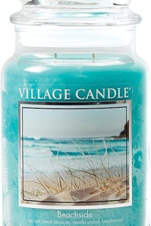 Village Candle Beachside Large Glass Apothecary Jar Scented Candle, 21.25 oz, Light Blue