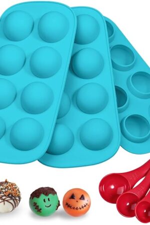 Webake Silicone Chocolate Candy Molds, Round Sphere Baking Molds for Cordial Truffle, Jello Pudding Ball Ice Cube Peanut Butter, Set of 3, Bonus Filling Scoop Set