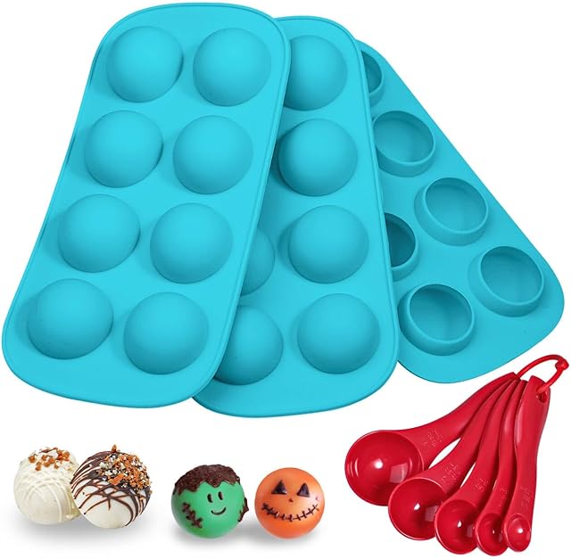Webake Silicone Chocolate Candy Molds, Round Sphere Baking Molds for Cordial Truffle, Jello Pudding Ball Ice Cube Peanut Butter, Set of 3, Bonus Filling Scoop Set