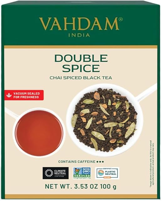 VAHDAM, Double Spice Masala Chai Tea (50+ Cups, 3.53oz) Strong, Robust & Spicy Blend - Black Tea CTC, Cardamom, Cinnamon, Cloves & Black Pepper | Pure Unblended Loose Leaf Tea | Vacuum Sealed
