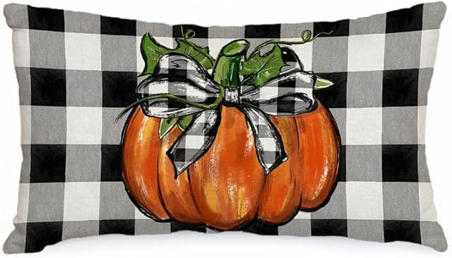 AACORS Fall Pillow Cover 12x20 Inch Buffalo Plaid Pumpkin Bow Decor Autumn Seasonal Pillow Case Thanksgiving Decorations for Sofa Couch AA166-12