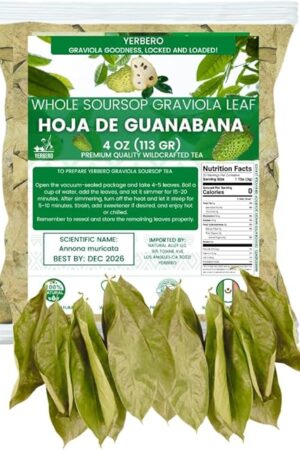 Yerbero Whole Dried Graviola Soursop Leaves 4 oz (330+ Leaves/Bag) | Premium Quality | From Mexico | 100% All Natural Tea | Hoja De Guanabana