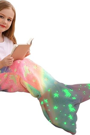 Viviland Kids Mermaid Tail Blanket - Mermaid Tail Blankets Glow in The Dark - Flannel Mermaid Blanket Gifts for Girls - Luminous Unicorn Super Soft Tie Dye Girls - Multicolor Unicorn 17"×39"