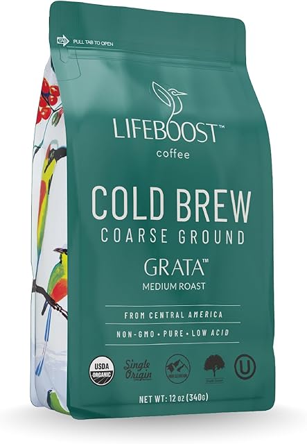 Lifeboost Low Acid Cold Brew Coffee – Organic Coarse Ground Medium Roast for Cold Brew – Single Origin, Non-GMO, 3rd Party Tested for Mycotoxins & Pesticides, USDA Organic – Smooth & Bold Flavor – 12 oz Bag