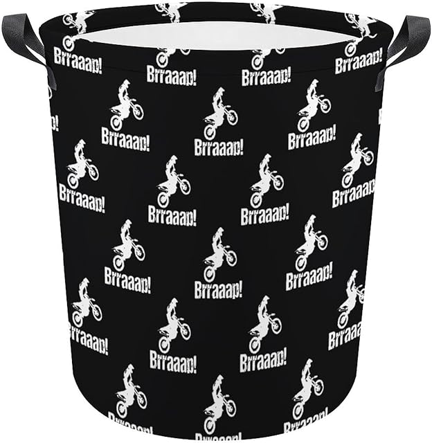 Laundry Basket - Brraaap Dirt Bike Motocross Collapsible Foldable, Black, Modern Sporty, Motorcycle Theme, Multi-purpose, All Ages