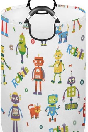 Cartoon Robots Laundry Basket Collapsible Laundry Hamper Waterproof Dirty Clothes Storage Baskets Foldable Washing Bin Laundry Bag With Handles for College Dorm Family
