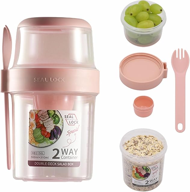 Breakfast On The Go Cups, Salad Cup To Go, Take And Go Yogurt Cereal Overnight Oats Snack Parfait Containers & Salad Dressing Holder With Fork For Lunch, Fruit & Vegetable Jar(Pink,29.5oz)