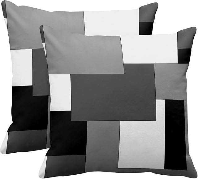 Emvency Set of 2 Grey Geometric Throw Pillow Cover Black Gray White Painting Abstract Checkered Design Decorative Pillow Case Modern Home Decor Standard Square 18x18 Inch Cushion Pillowcase