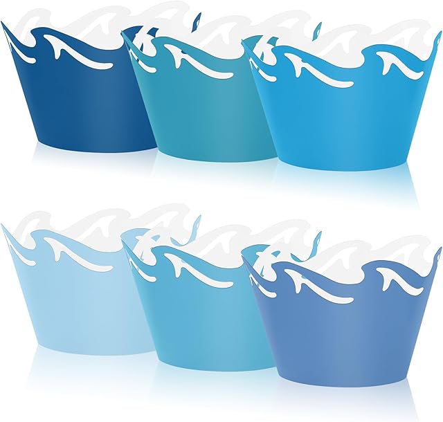 36Pcs Ocean Wave Cupcake Wrappers Gradient Blue Sea Wave Cupcake Liners Decorative Dessert Holders for Summer Ocean Party Cake Decoration