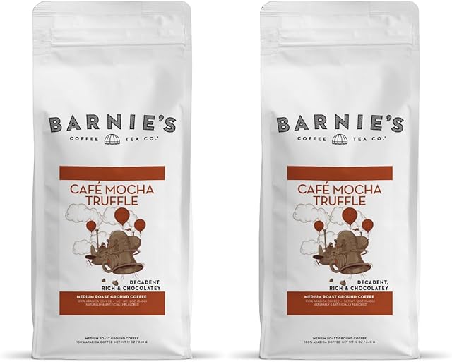 Barnie's Café Mocha Truffle Ground Coffee, Decadent and Rich Chocolate Flavor, Medium Roasted Arabica Coffee Beans, Sugar Free and Nut Free, 12 oz Bag (Pack of 2)