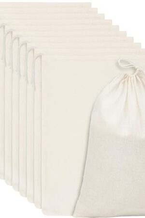 15 Packs Muslin Bags with Drawstring Canvas Large Storage Cloth Bags Bulk Cotton Reusable Grocery Sacks DIY Craft Sachet Sacks for Party Wedding Home Storage, Natural Color(13.8 x 10 Inches)
