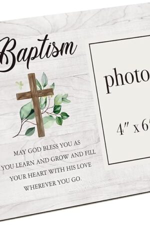 Baptism Picture Frame, Baptism Gifts for Boys, Christening Gifts for Girls, Catholic Baby Gift Wood Photo Frame, 4 x 6 Inch Photo