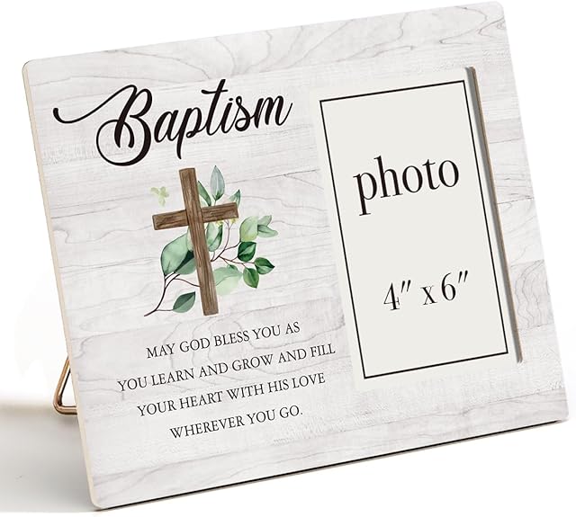 Baptism Picture Frame, Baptism Gifts for Boys, Christening Gifts for Girls, Catholic Baby Gift Wood Photo Frame, 4 x 6 Inch Photo