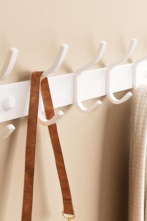 White Coat Rack Wall Mount - 15 Inch Arc Shaped Design with 6 Hooks for Hanging Coats, Bags, and Towels in Entryway, Livingroom, Bedroom, Bathroom, and Kitchen, 1 Pack