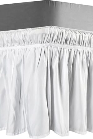 Wrap Around Bed Skirts - White Microfiber Bed Skirt with Elastic Belt,Wrinkle and Fade Resistant,Three Fabric Sides,Easy to Install,Machine Washable,Queen Size 15 Inch Drop