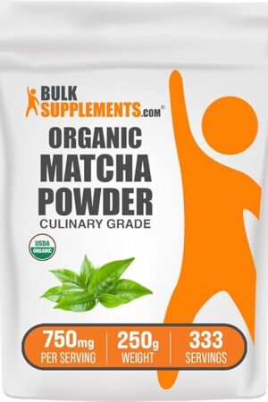 BulkSupplements.com Organic Matcha Powder, Culinary Grade, 250g | For Latte | Organic & Gluten Free | 750mg per Serving | 8.8oz | Pack of 1