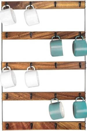 Wall Mounted Coffee Mug Holder, Large 5 Tier Shelf with 20 Hooks for Cups, Rustic Wooden Display Rack for Kitchens, Homes and Bars (Walnut)