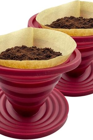 2 Pieces Attsky Collapsible Pour Over Coffee Dripper for Camp Coffee, Reusable Silicone Coffee Filter Holder for Camping Red
