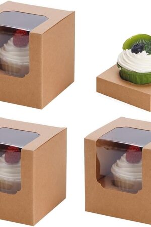 25 Pcs Cupcake Boxes Individual Cupcake Containers Pre-Assembled Single Cupcake Boxes 3.5"x3.5"x3.5" with 25 Pcs Inserts for Cupcakes Muffins Party Favors(Brown)