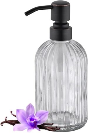 16Oz Clear Glass Soap Dispenser with Rust Proof Bronze Stainless Steel Pump, Refillable Bathroom Soap Dispenser with Vertical Stripe, Oil Rubbed Bronze Pump Kitchen Dispenser